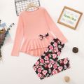 2-piece Kid Girl Bowknot Design High Low Long-sleeve Pink Tee and Floral Print Leggings Set Pink