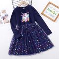 Kid Girl Unicorn Print Long-sleeve Mesh Heart Stitching Dress Dark Blue