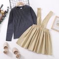 2-piece Kid Girl Stripe Long-sleeve Tee and Khaki Suspender Skirt Set Khaki