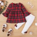 2pcs Baby Girl 100% Cotton Red Plaid Long-sleeve Top and Bowknot Trousers Set Red image 1