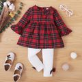 2pcs Baby Girl 100% Cotton Red Plaid Long-sleeve Top and Bowknot Trousers Set Red image 3
