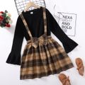 2-piece Kid Girl Long Bell sleeves Black Top and Bowknot Design Plaid Suspender Skirt Set Black image 1