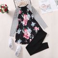 2-piece Kid Girl Floral Print Striped Long-sleeve High Low Top and Black Pants Set Black