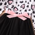 Kid Girl Leopard Print Bowknot Design Mesh Splice Long-sleeve Dress Black