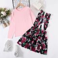 2-piece Kid Girl Long-sleeve Pink Tee and Ruffled Floral Print Suspender Skirt Set Pink