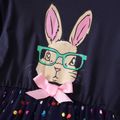 Easter Kid Girl Rabbit Print Bowknot Glitter Design/Heart Print Long-sleeve Mesh Splice Dress Dark Blue