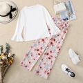 2-piece Kid Girl Solid Color Long Bell sleeves Tee and Floral Print Belted Straight Pants Set White