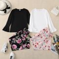 2-piece Kid Girl Solid Color Long Bell sleeves Tee and Floral Print Belted Straight Pants Set White