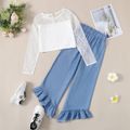2-piece Kid Girl Lace Design Long-sleeve White Top and Ruffled Cuff Denim Jeans Set Blue