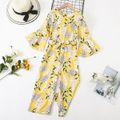 Kid Girl Floral Print Belted Long Bell sleeves Jumpsuits Yellow