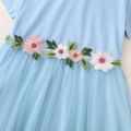 Kid Girl Round-collar 3D Floral Design Mesh Short-sleeve Dress Blue image 4