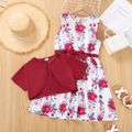 2-piece Kid Girl Floral Print Bowknot Design Sleeveless Dress and Cardigan Set Red image 3