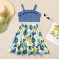 2-piece Kid Girl Ruffled Button Design Tank Top and Floral Fruit Print Skirt Set Blue image 1