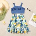 2-piece Kid Girl Ruffled Button Design Tank Top and Floral Fruit Print Skirt Set Blue image 4
