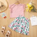 2-piece Kid Girl Lace Design Flutter-sleeve Tee and Floral Print Skirt Set Pink