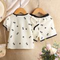 2pcs Baby Girl Floral Print Puff-sleeve Bowknot Top and Shorts Set White