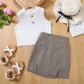 2pcs Kid Girl Button Design Mock Neck Sleeveless White Tee and Plaid Slit Skirt Set White