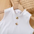 2pcs Kid Girl Button Design Mock Neck Sleeveless White Tee and Plaid Slit Skirt Set White