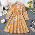 Kid Girl Floral Print Ruffle Collar Belted Long-sleeve Yellow Dress Yellow
