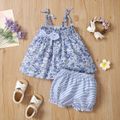 2pcs Baby Girl Blue Floral Print Spaghetti Strap Top and Striped Bloomers Shorts Set Blue