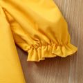 2pcs Kid Girl Ruffled Square Neck Short-sleeve Yellow Blouse and Floral Print Irregular Capri Pants Set Yellow