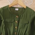 طفل فتاة جيب زر تصميم حزام طويل الأكمام حللا خضراء داكنة أخضر غامق image 1