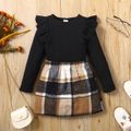 2pcs Toddler Girl Trendy Ruffled Ribbed Black Tee and Plaid Skirt Set Black
