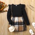 2pcs Toddler Girl Trendy Ruffled Ribbed Black Tee and Plaid Skirt Set Black image 1