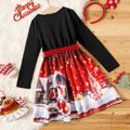 طفل فتاة عيد الميلاد الجرافيك طباعة لصق حزام فستان طويل الأكمام أسود image 2