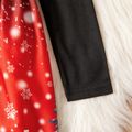 Kid Girl Christmas Graphic Print Splice Belted Long-sleeve Dress Black