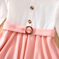 Kid Girl Ribbed Button Design Splcie Irregular Hem Belted Long-sleeve Dress Pink image 2