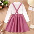 2pcs Kid Girl Long-sleeve White Tee and Button Design Pink Suspender Skirt Set Dark Pink image 3