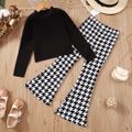 2pcs Kid Girl Mock Neck Ribbed Long-sleeve Black Tee and Houndstooth Flared Pants Set (Belt is not included) Black image 2