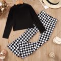 2pcs Kid Girl Mock Neck Ribbed Long-sleeve Black Tee and Houndstooth Flared Pants Set (Belt is not included) Black image 3