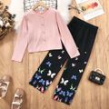 2pcs Kid Girl Button Design Long-sleeve Tee and Butterfly Print Pants Set Black