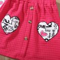 2pcs Kid Girl Letter Heart Print Long-sleeve Tee and Button Design Pink Skirt Set Hot Pink image 4
