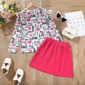 2pcs Kid Girl Letter Heart Print Long-sleeve Tee and Button Design Pink Skirt Set Hot Pink image 2