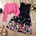 2pcs Kid Girl Floral Butterfly Print Long-sleeve Dress and Cardigan Set Dark Blue image 2