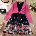 2pcs Kid Girl Floral Butterfly Print Long-sleeve Dress and Cardigan Set Dark Blue image 1