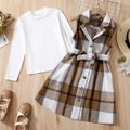 2pcs Kid Girl Long-sleeve White Tee and Button Design Plaid Vest Sleeveless Jacket Set Khaki image 2