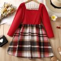 Kid Girl  Valentine's Day Square Neck Plaid Splice Long-sleeve Dress Red image 5
