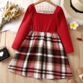 Kid Girl  Valentine's Day Square Neck Plaid Splice Long-sleeve Dress Red image 1