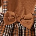 2pcs Kid Girl Ruffled Ribbed Tee and 3D Bowknot Design Plaid Suspender Skirt Set Brown image 4