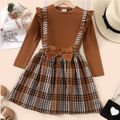 2pcs Kid Girl Ruffled Ribbed Tee and 3D Bowknot Design Plaid Suspender Skirt Set Brown image 1