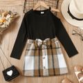 2pcs Kid Girl Cold Shoulder Long-sleeve Black Tee and 3D Bowknot Design Plaid Skirt Set Black image 2