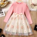 Kid Girl Floral Embroidered Mesh Splice Belted Long-sleeve Evening Party Dress Pink image 2