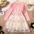 Kid Girl Floral Embroidered Mesh Splice Belted Long-sleeve Evening Party Dress Pink image 3