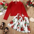 2pcs Kid Girl Textured Long-sleeve Tee and 3D Bowknot Design Floral Print Skirt Set Red image 4