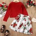 2pcs Kid Girl Textured Long-sleeve Tee and 3D Bowknot Design Floral Print Skirt Set Red image 5