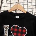 2pcs Kid Girl Valentine's Day Letter Embroidered Sweatshirt and Red Plaid Skirt Set Black image 3